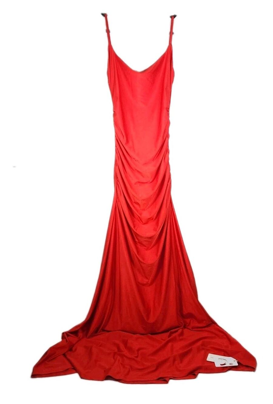 NWT Commense Sz S Vibrant Red Satin Ruched Open Back Evening Wedding Maxi Dress
